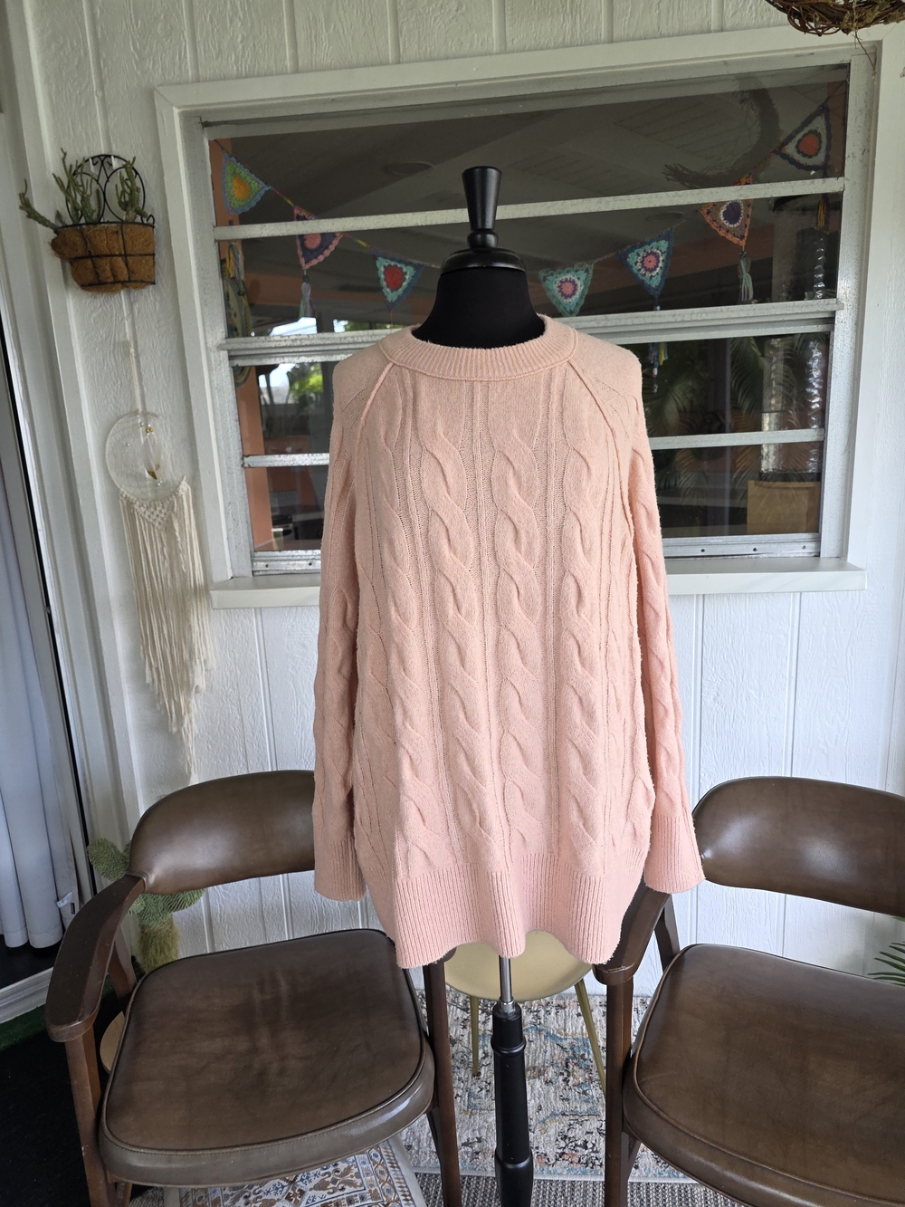 NWT Aerie Peach Cable Crewneck Sweater Super Soft Large Oversized - Picture 9 of 15